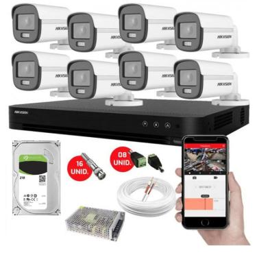 Imagem de Kit CFTV 8 Câmeras de Segurança Hikvision Colorvu Imagens Noturnas Coloridas Full HD 1080p c/hd 2TB