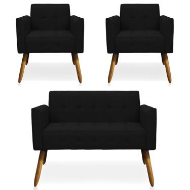 Imagem de Conjunto 2 Poltronas e 1 Namoradeira Pés Palito Karen Linho Preto - Gran Belo