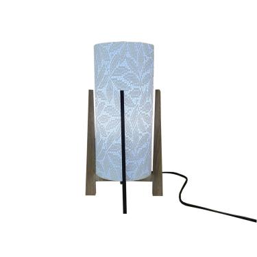 Imagem de Abajur Mesa Madeira Marrom Cúpula Tecido Rendado Bege Bivolt