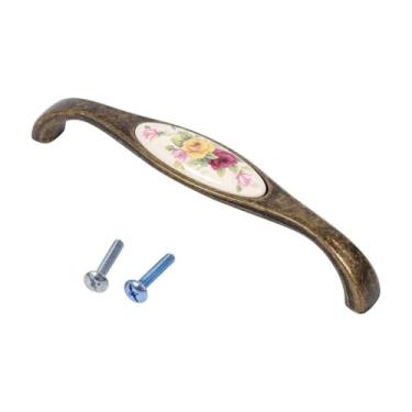 Imagem de Beufee Puxadores de gaveta de cerâmica, puxador de armário de cozinha vintage puxador de armário de bronze antigo padrão floral puxador de gaveta de liga com parafuso (03)