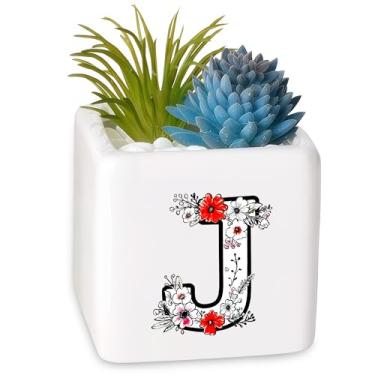 Imagem de BJDAMAI Vaso de flores para suculentas, pequeno, personalizado, fofo, divertido, novidade, mini prática, moderna, minúscula, artística, ocidental, presentes (letra J)