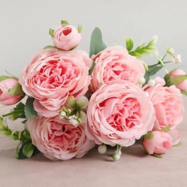 Imagem de Buquê de flores artificiais de peônia, 1 peça/30cm, rosa, seda, 5 cabeças grandes, 4 botões pequenos, decoração para casa, casamento, noiva, arte (14)