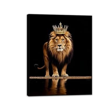 Imagem de Arte de parede leão com coroa animal dourado preto leão coroado pôsteres pinturas imagens para sala de estar decoração de escritório quarto masculino decoração de casa 50 x 40 cm (20 x 16 pol) moldura