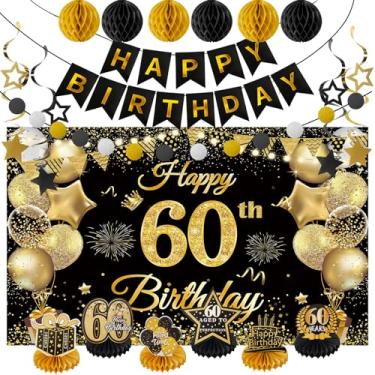 Imagem de Faixa de decoração de festa de aniversário para 30/40/50/60 (preto e dourado, aniversário de 60 anos)