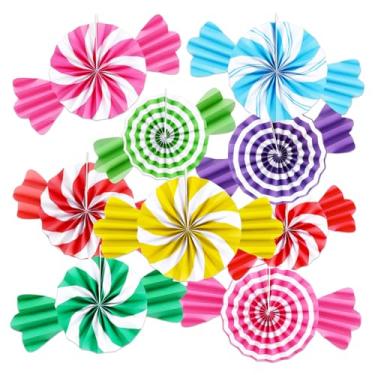 Imagem de FYSUIMU Conjunto de 9 leques de papel pendurados de Natal Candyland, decorações de papel para pendurar, enfeite de festa de pirulito colorido e hortelã-pimenta para decoração de festa de Natal