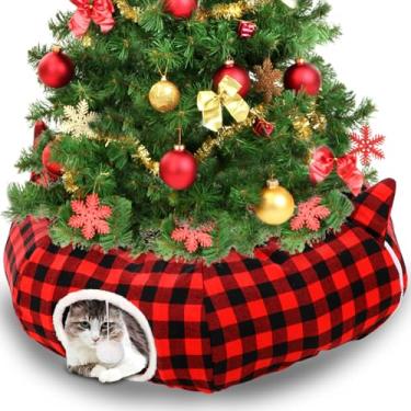 Imagem de Dansydaisy Túnel para gatos com cama para ambientes internos, camas para gatos com bola suspensa, decoração de Natal xadrez de búfalo de 85 cm, caverna vermelha e preta, para felinos e pequenos