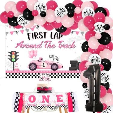Imagem de Decoração de festa de 1º aniversário de carro de corrida para meninas, primeira volta ao redor da pista, faixa de fundo rosa, preto, balão, guirlanda, arco, cadeira alta, topo de bolo, 1 balão de