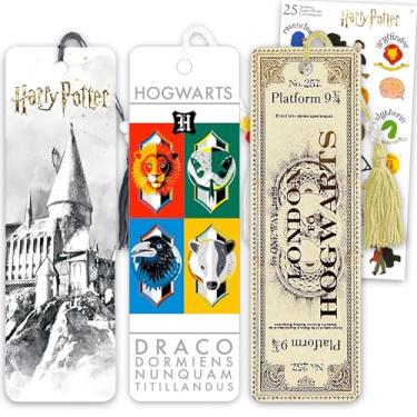 Imagem de Harry Potter Conjunto de marcadores de livro – Pacote com 3 marcadores de livro com capas de livros, castelo de Hogwarts, mais adesivos | Material escolar Harry Potter para meninos e meninas