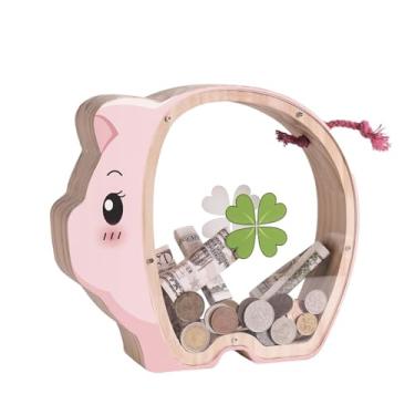 Imagem de Cofrinho de porco rosa de madeira para crianças, cofrinho inquebrável para crianças com adesivo de carta, caixa de dinheiro de madeira, presente de aniversário personalizado, brinquedo educativo para