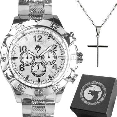 Imagem de relogio prata masculino prova dagua + cordao cruz original aço inoxidavel resistente preto-Masculino