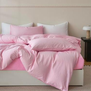 Imagem de JELLYMONI Conjunto de capa de edredom listrado 100% algodão natural, branco com listras rosa, com fecho de zíper e laços nos cantos (tamanho Queen)