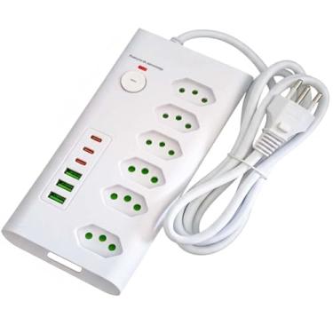 Imagem de Filtro de Linha Multi 12 EM 1, Régua de Energia, Extensão Eletrica, Com 6 Tomadas de 10A e 20A, 6 Portas USB, USB Tipo C, Bivolt 110-250V, Potência de 2500W (Branco) - Tomada Tripolar Cabo de 2 metros