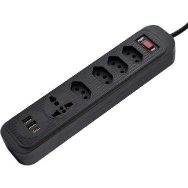 Imagem de Filtro de Linha com 8 Entradas (4 Tomadas + 1 Universal + 3 USB), 110–220V, Cabo 2m – Extensão Elétrica com Proteção e Carregamento Rápido | Ideal para Casa, Escritório e Home Office (Preto)