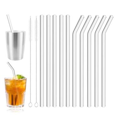 Imagem de Pacote com 10 canudos de vidro reutilizáveis, canudos de vidro curtos transparentes de 7 x 8 mm, resistentes a quebras, conjunto de 5 canudos retos e 5 dobrados com 2 escovas de limpeza para leite