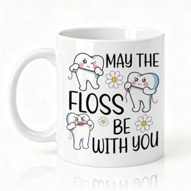 Imagem de SRWNFOS Caneca de cerâmica dupla face May The Floss, caneca engraçada de dentista para homens e mulheres, xícara de café de escritório dental, presentes de aniversário de ação de graças para