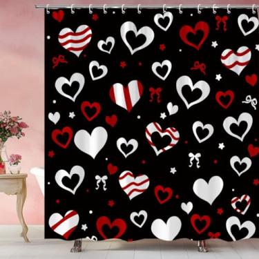 Imagem de KTGHA Cortina de chuveiro de corações negros lindo dia dos namorados laço vermelho listrado amor feminino tecido de poliéster conjunto de decoração de banheiro com ganchos (177,8 cm L x 170 A)