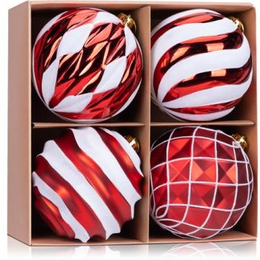 Imagem de WHGJ Conjunto de enfeites de bola de Natal grande vermelha e branca de 15 cm, 4 peças de lâmpadas grandes pintadas à mão à prova de estilhaçamento para árvore de Natal, guirlanda, guirlanda