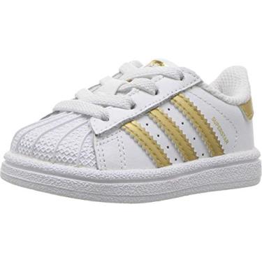 Imagem de adidas Originals Tênis infantil unissex Superstar Legacy, Branco/dourado metálico/azul, 22