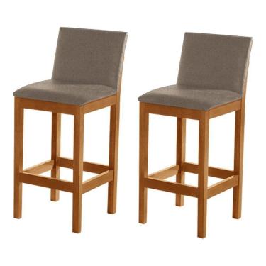 Imagem de Kit 2 Banquetas Alta Pérola Com Encosto Estofada Em Linho Bege Madeira Maciça Castanho