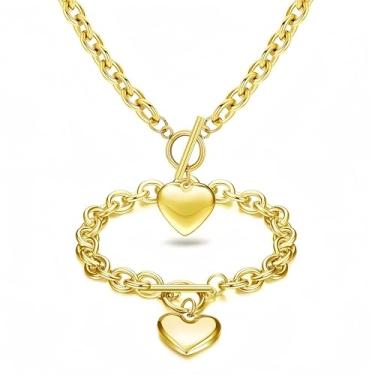 Imagem de HeDerzel Colar de coração de ouro, colares grossos de ouro, pingente de coração, pulseira de corrente de elos de coração, colar de coração para presentes de aniversário e férias para mulheres