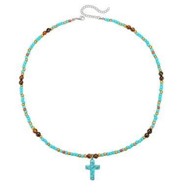 Imagem de HWJQ Colar com contas de cruz turquesa para mulheres e homens, pequeno colar com pingente de contas turquesa, boêmio, azul, cruz, joias Faith Jewelry, Middle, Turquesa, Sem Pedra Preciosa