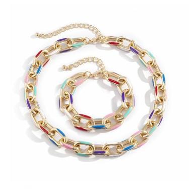 Imagem de Navirix Colar de corrente colorida conjunto de pulseiras grosso gotejamento óleo metal gargantilha colar para mulheres corrente cubana pulseira simples ajustável festa dança joia presente, Medium