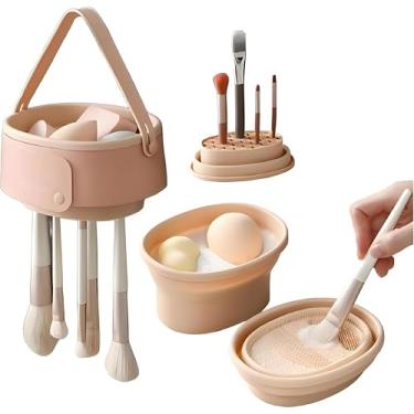 Imagem de Limpador e escorredor de pincéis de maquiagem 3 em 1 | Tapete de silicone dobrável para base, pó, pincéis de sombra | Estojo de viagem portátil, sem necessidade de energia (damasco)