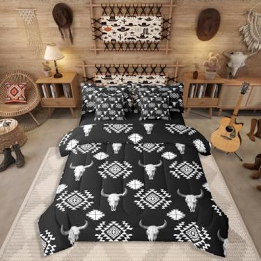 Imagem de Erosebridal Conjunto de cama king azteca boêmio, com 7 peças, preto e branco, caveira de touro ocidental, conjunto de edredom com lençol para homens e adultos, cama tribal nativa do sudoeste em uma