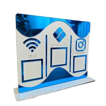 Imagem de Placa Display de Mesa e Balcão para QR Code WIFI PIX INSTAGRAM no MDF Branco e Acrílico Espelhado(Azul)