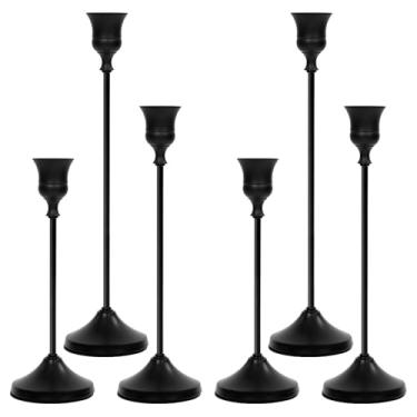 Imagem de Castiçais de 6 peças, suporte de vela afunilado de metal, castiçais pretos foscos para velas de pilar, decorações de mesa de jantar vintage para decoração de festa de casamento, Natal, Dia das Bruxas