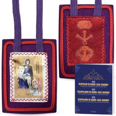 Imagem de Viatheo Escapulário católico Marie Julie Jahenny Escapulário roxo de bênção e proteção - pequeno colar religioso de lã feito à mão para mulheres - Escapulario Morado