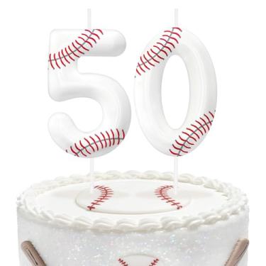 Imagem de Velas de aniversário número 50 de beisebol, topo de bolo com tema de beisebol para meninos e meninas, decorações de bolo para aniversários, suprimentos de festa com tema esportivo, velas para