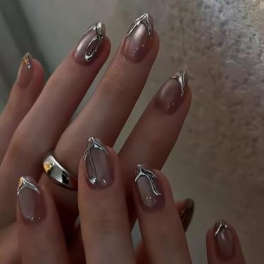 Imagem de Unhas postiças curtas médias amêndoas francesas com linhas simples Lrregular olho de gato Desien cobertura completa cola acrílica falsa em unha para mulheres, 24 peças