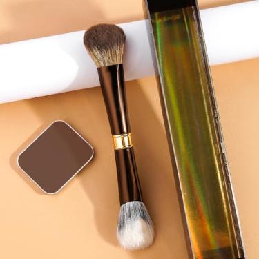 Imagem de 2 pincéis de maquiagem de cabeça dupla e um estojo de plástico para misturar e aplicar blush e contorno, mantendo tudo limpo e higiênico (café)