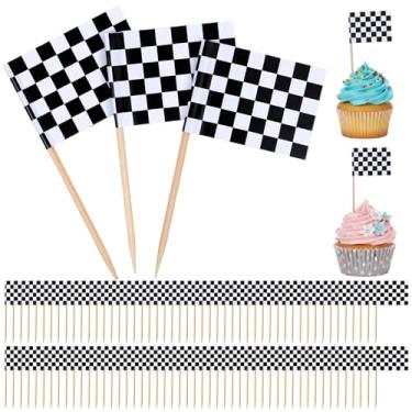 Imagem de 200 peças de topo de cupcake com bandeira quadriculada dupla face mini bandeiras quadriculadas para coquetéis pequenos cupcakes de frutas para carros de corrida, topos de cupcake, decorações de bolo