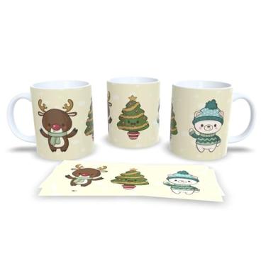 Imagem de Caneca de Natal Feliz Natal, Porcelana Branca com Design Natalino, Decoração com Papai Noel e Rena, Fundo Cinza com Flocos de Neve (2)
