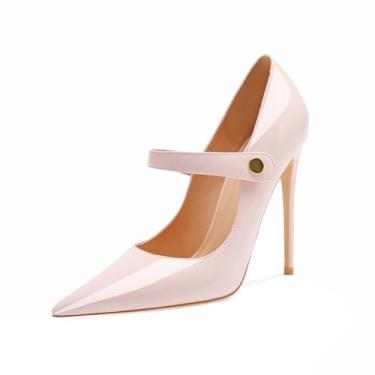Imagem de Qunvngutui Sapato feminino bico fino com tira no tornozelo 12 cm salto alto festa boate casamento dia dia selvagem sapatos, Rosa claro, 34