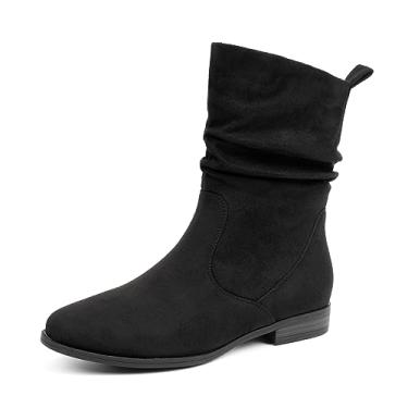 Imagem de VJH confort Botas femininas de cano médio, bico redondo amêndoa, salto baixo, confortável, botas despojadas, Preto, 37