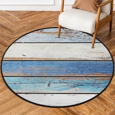 Imagem de Tapete redondo de 1,5 m de madeira azul à beira-mar, tapete circular antiderrapante, lavável, tapete de porta circular para quarto, berçário, sala de estar, cozinha, banheiro, entrada, decoração de