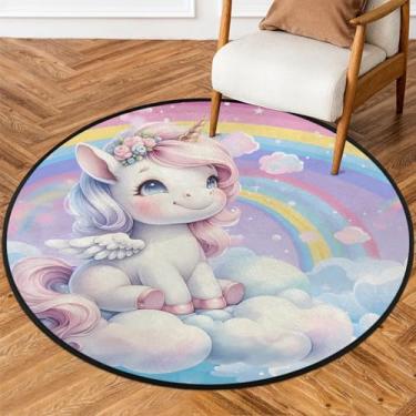 Imagem de Tapete redondo de 1,8 m feliz arco-íris unicórnio macio tapete de porta circular antiderrapante lavável para quarto interno, berçário, sala de estar, cozinha, banheiro, entrada, decoração de casa