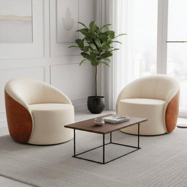 Imagem de Poltrona Sala Orgânica Kit 2 Lua Fixa Sintético PU Nozes/Bouclê D03 - D`Rossi