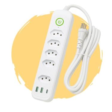 Imagem de Extensão Elétrica com 5 Tomadas 10A mais 2 USB e 1 USB-C, Cabo Reforçado 2m, Bivolt 2500W, Fixação na Parede, Extensão Elétrica para Casa e Escritório – Organização, Segurança e Alta Eficiência