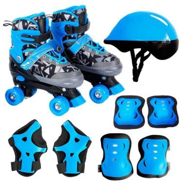 Imagem de Patins Roller Quad Azul Menino Galáctico Ajustável 34 ao 37 Com Kit Pr