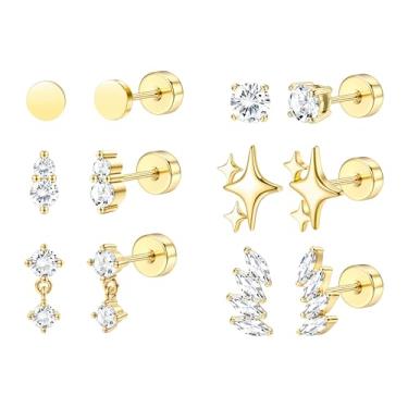 Imagem de Fansilver 6 pares de brincos hipoalergênicos e lisos banhados a ouro 14 K para mulheres, brincos modernos de cartilagem pequena, conjunto de brincos de aço cirúrgico CZ Helix Conch Tragus Piercing