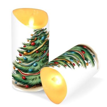 Imagem de Blueangle Pacote com 2 velas de árvore de Natal em aquarela sem chama com controle remoto e temporizador, velas LED cintilantes (7,6 cm x 9,9 cm) para decoração de casa, casamento, acampamento (101)