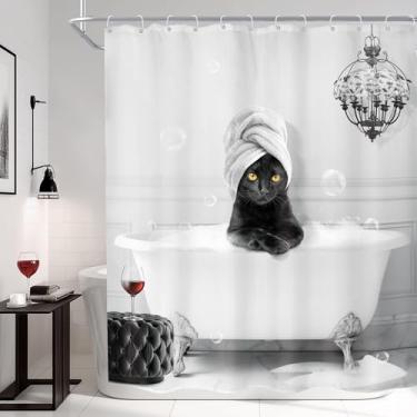 Imagem de Imirell Cortina de chuveiro engraçada gato 152 cm L x 182 cm A preto e branco animal fofo na banheira bolha gatinho infantil vintage cinza cinza vinho tinto divertido tecido impermeável poliéster com