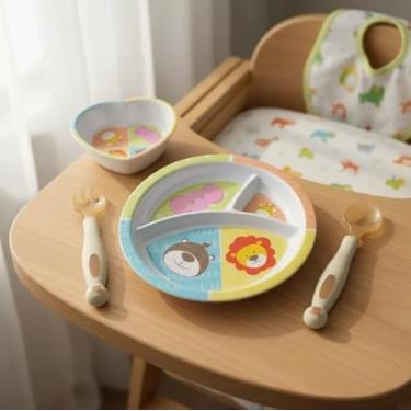 Imagem de Kit Alimentaçao Bebe 2 peças: Prato e Bowl Coração Infantil Bichinhos Fofos | 6m+
