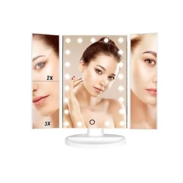 Imagem de Espelho de Maquiagem Triplo Dobrável com Iluminação LED, Branco, Ampliação 2x e 3x, Rotação 180°, USB, 31,5x13,5x18,5cm
