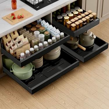 Imagem de PAKETA Pacote com 2 organizadores de armário expansíveis, gavetas profundas de 53 cm para armário, 3 trilhos deslizantes para armários com nano filme adesivo (preto, 53 cm P x 30 cm L)