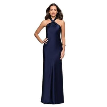 Imagem de Betsy & Adam Vestido feminino de cetim frente única com detalhe de nó até o chão, Azul marino, 38